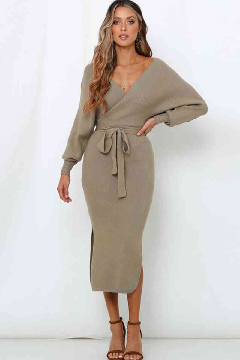 Surplice Neck Bow Waist Slit Sweater Dress - Premium  from Trendsi - Just $44! Shop now at ZLA