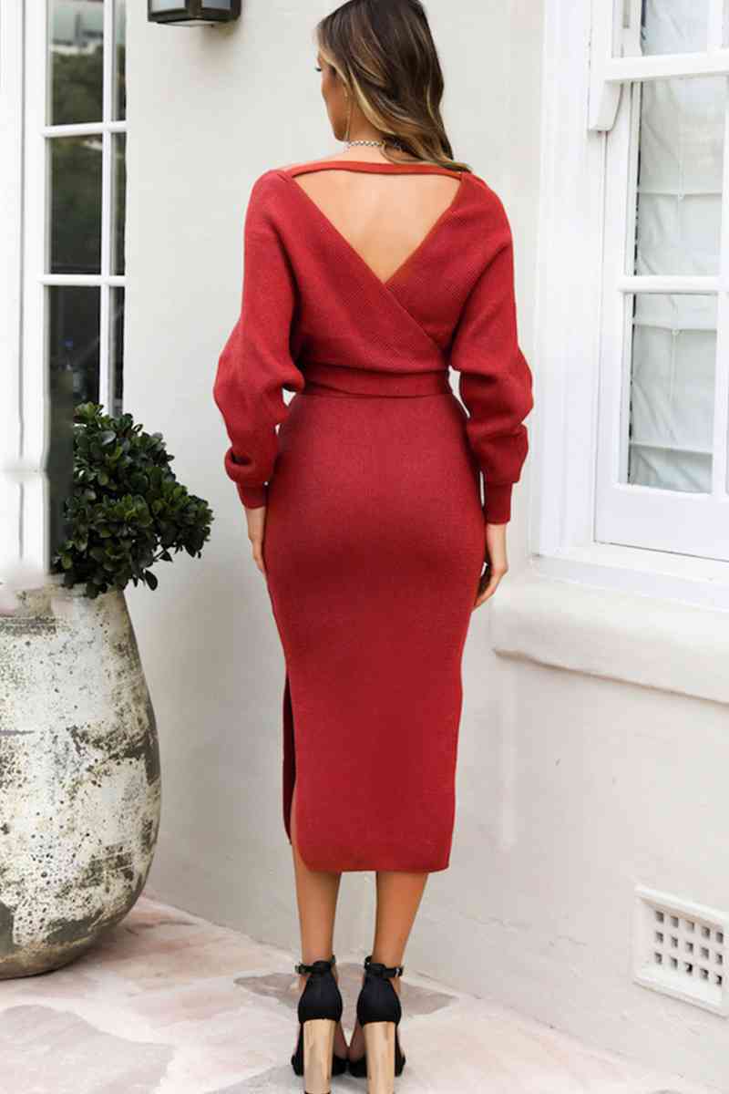 Surplice Neck Bow Waist Slit Sweater Dress - Premium  from Trendsi - Just $44! Shop now at ZLA