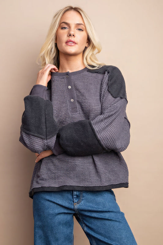 Waffle Knit And Fleece Contrast Henley Top With Button Front - Premium  from ZLA - Just $46.50! Shop now at ZLA