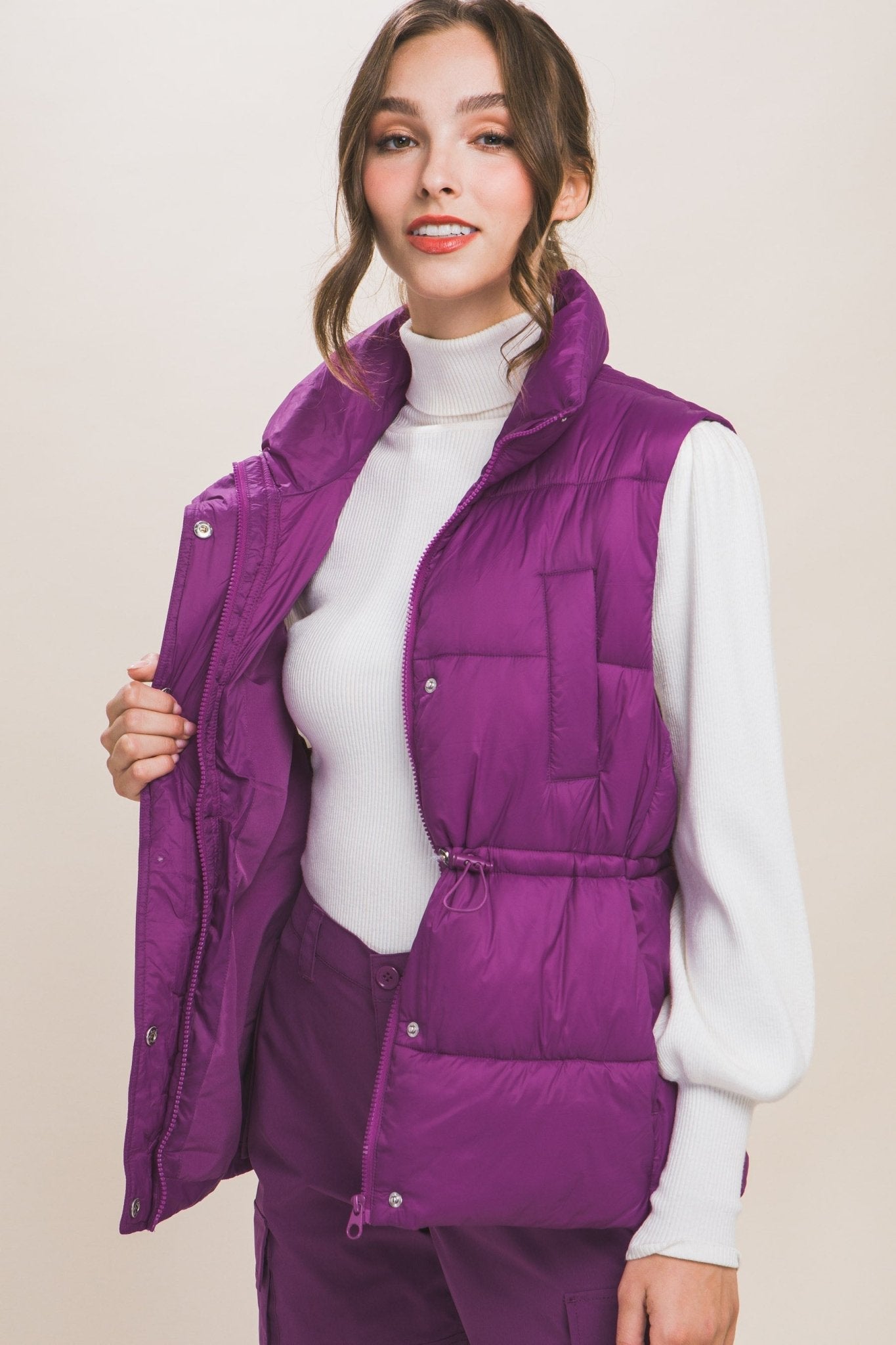 Zip Up Button Puffer Vest With Waist Toggles - Premium  from ZLA - Just $33! Shop now at ZLA