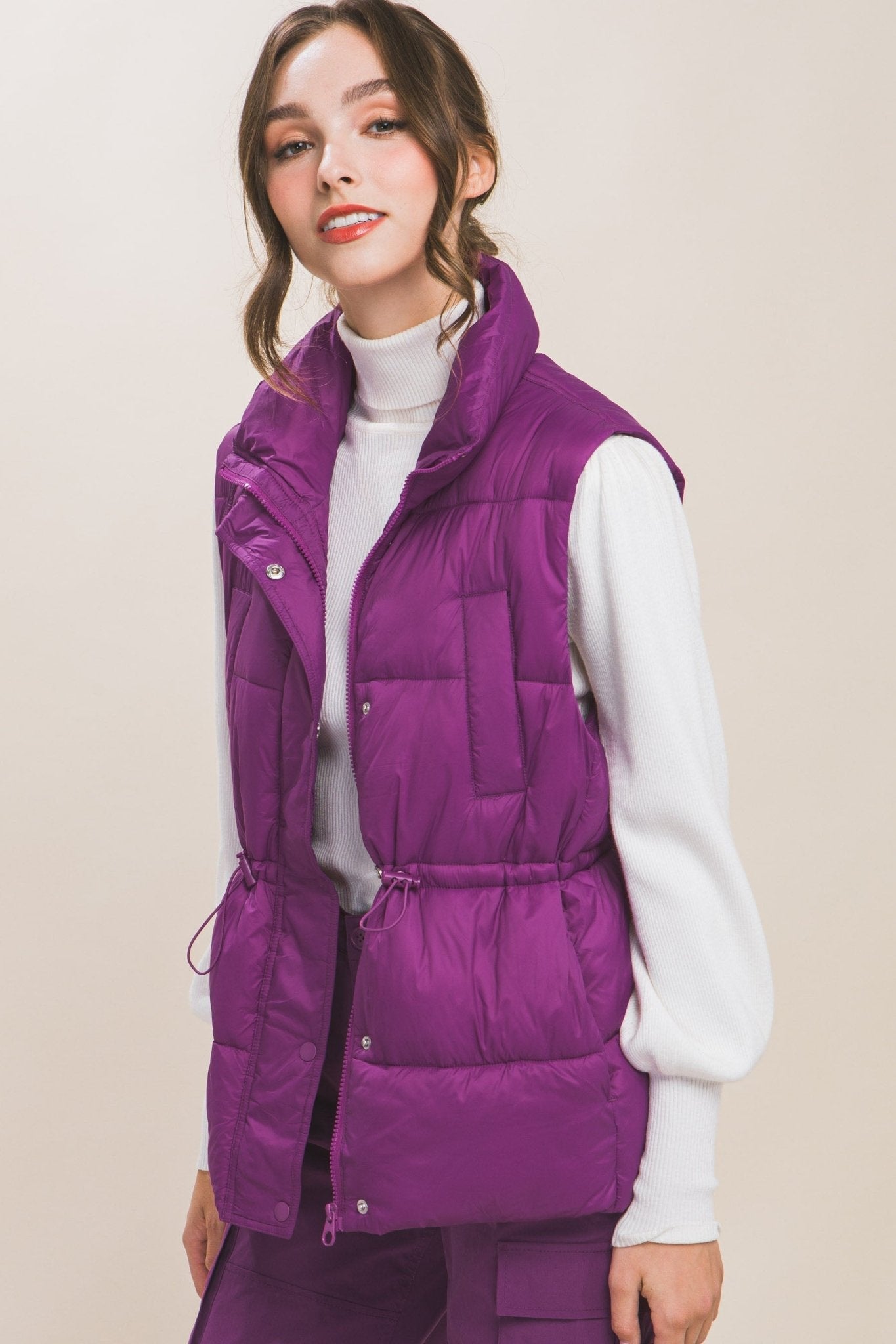Zip Up Button Puffer Vest With Waist Toggles - Premium  from ZLA - Just $33! Shop now at ZLA