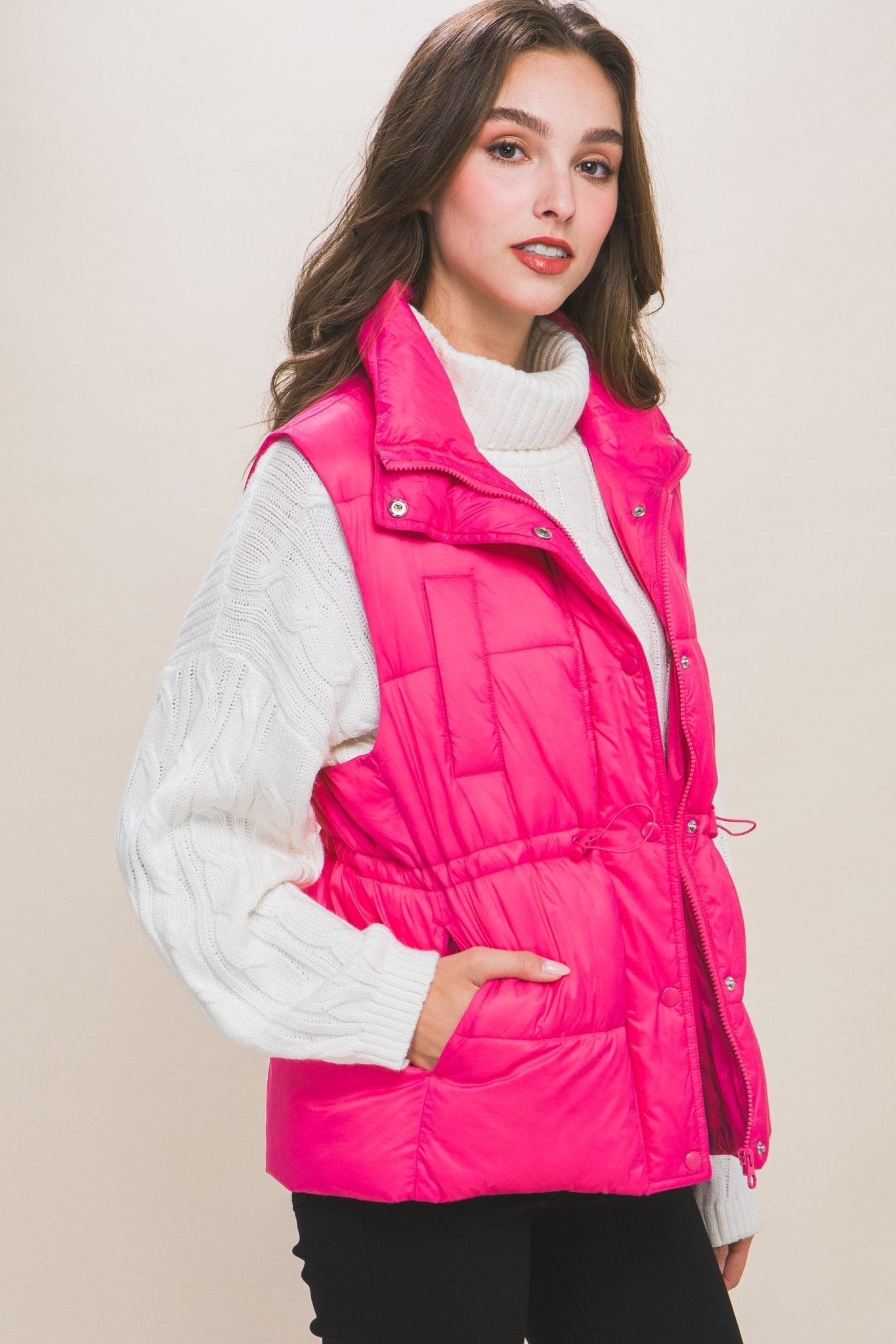 Zip Up Button Puffer Vest With Waist Toggles - Premium  from ZLA - Just $33! Shop now at ZLA